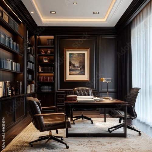 A clock hangs on the wall above the desk