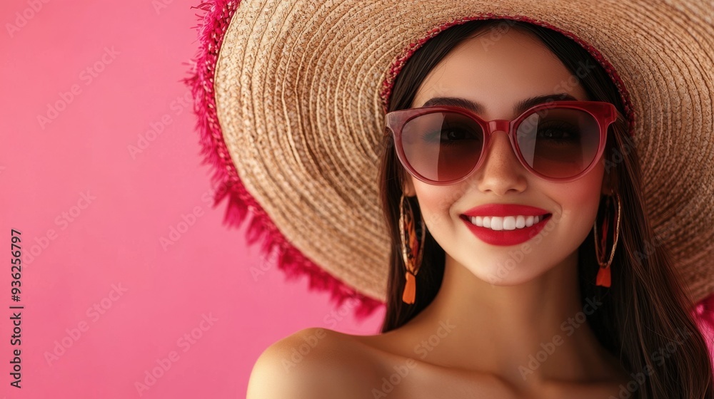 A woman with red lipstick and sunglasses wearing a straw hat, AI A woman with red lipstick and sunglasses wearing a straw hat, AI