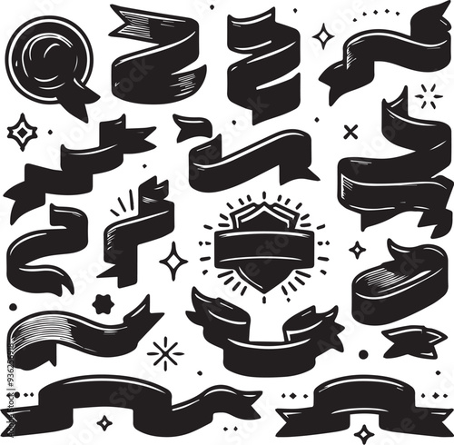 A set of twigs with a black line on a white background. Frames, ribbons for lettering
