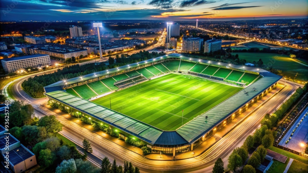 Naklejka premium Aerial view of a massive, lush green stadium with vibrant grass and sleek white lines, surrounded by towering floodlights and a bustling urban landscape.