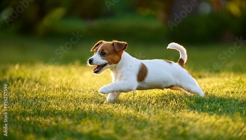 芝生の上を走っているジャックラッセルテリアの子犬（Jack Russell Terrier puppy running on the grass）
 photo