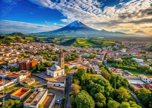 Aerial view of Atlixco, Puebla, Mexico, showcasing colorful buildings, roads, and lush greenery, with Popocatepetl volcano visible in the distant horizon. #936257793