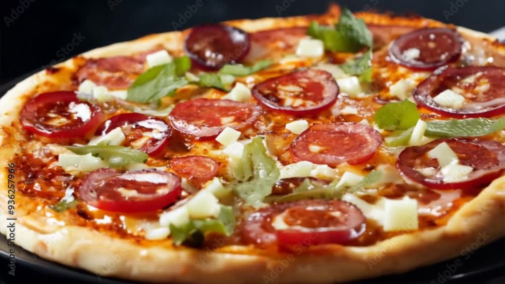 Close-Up Rotating Pizza Fresh Ingredients and Mouth-Watering Toppings for Pizzeria Promotion Close-Up Rotating Pizza Fresh Ingredients and Mouth-Watering Toppings for Pizzeria Promotion