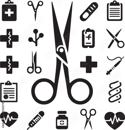 Nursing tools elements, medical logo,  heartbeat rate vector outline  in white background