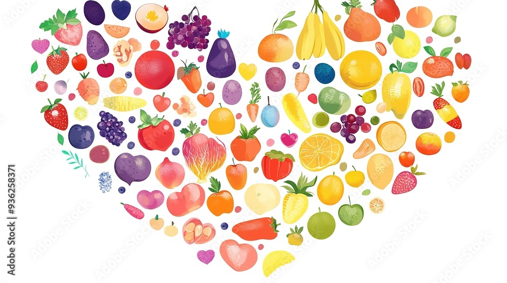 A colorful heart shape created with various fruits and vegetables on a clean, white background, showcasing vibrant colors and diverse shapes A colorful heart shape created with various fruits and vegetables on a clean, white background, showcasing vibrant colors and diverse shapes