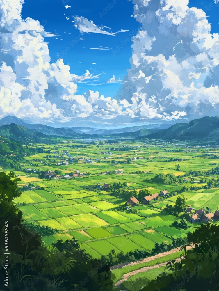 Fototapeta premium Rice Fields and Small Villages with Cel Shading, Bright Blue Sky and Clouds