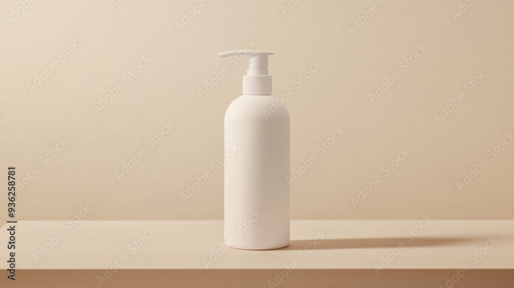 A bottle of lotion sits on a wooden table in front of a window A bottle of lotion sits on a wooden table in front of a window
