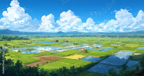 Rice Fields and Small Villages with Cel Shading, Bright Blue Sky and Clouds photo