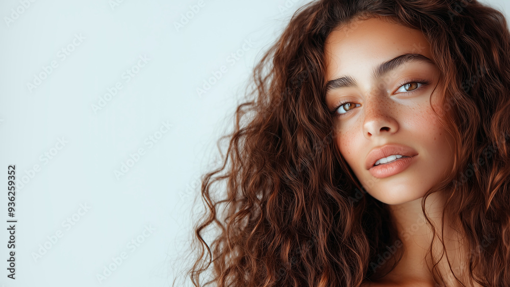 Woman with long thick curly brown hair on a light background looks at the camera. Woman with long thick curly brown hair on a light background looks at the camera.