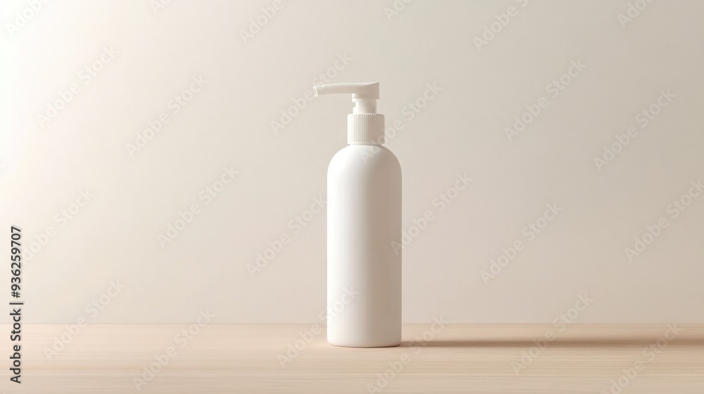 A white bottle of liquid soap sits on a wooden table