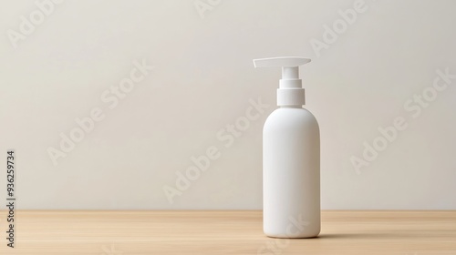 A white bottle of liquid soap sits on a wooden table