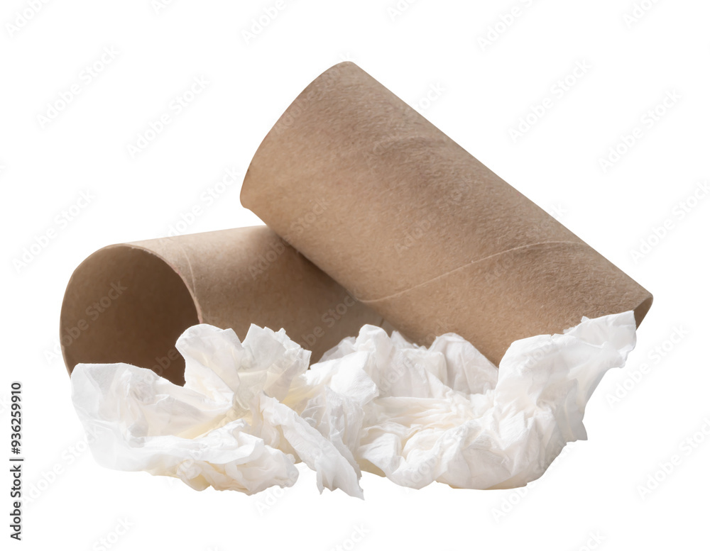 White screwed or crumpled tissue paper ball after use with cores in stack isolated with clipping path in png file format White screwed or crumpled tissue paper ball after use with cores in stack isolated with clipping path in png file format