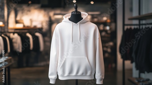 A mannequin is standing in a clothing store with a white hoodie on