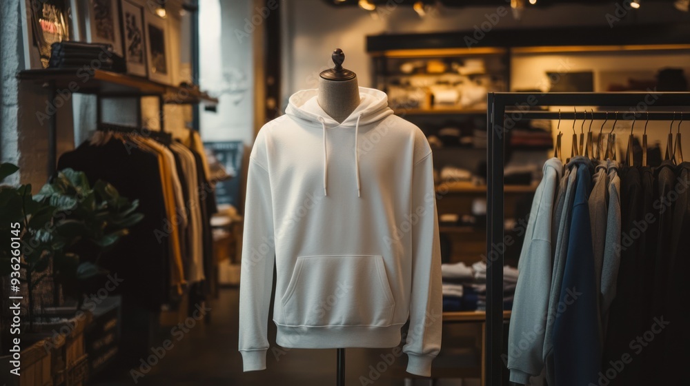 A mannequin is standing in a clothing store with a white hoodie on A mannequin is standing in a clothing store with a white hoodie on