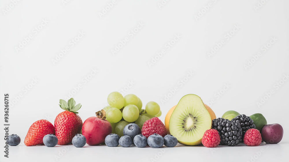 verschiedene obstsorten, die ausgebreitet auf einem weißen untergrund liegen. verschiedene obstsorten, die ausgebreitet auf einem weißen untergrund liegen.