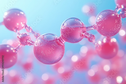 Pink Molecular Chain: A captivating close-up of a vibrant pink molecular chain, its glassy spheres shimmering with an ethereal glow against a soft blue backdrop. 