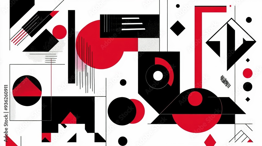Dynamic geometric abstract art with red, black, and white shapes creating an engaging composition Dynamic geometric abstract art with red, black, and white shapes creating an engaging composition