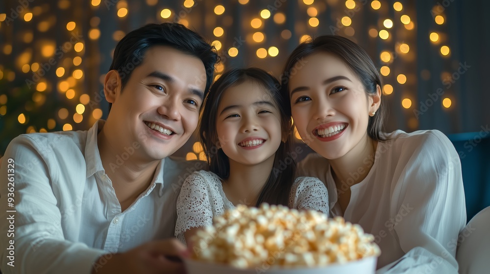 Fototapeta premium A smiling family enjoying movie night together with popcorn in a cozy setting filled with warm lights and decorations during the evening