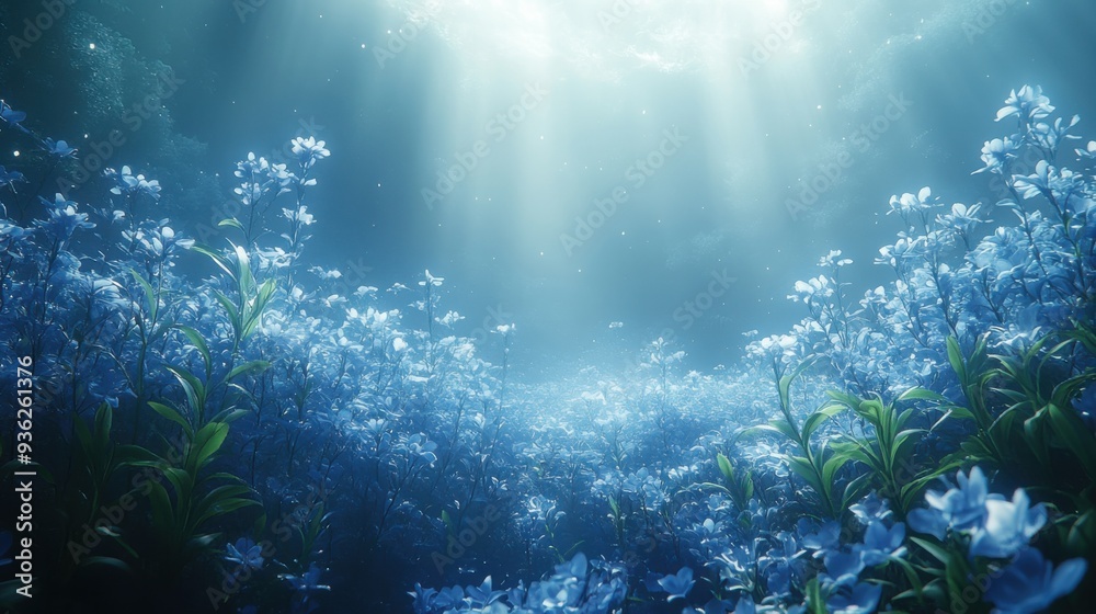 Fototapeta premium Mystical underwater scene with luminous blue flowers in sunlit waters