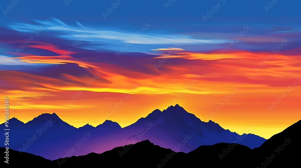 Obraz premium Stunning sunset over majestic mountains highlighting vibrant colors in the evening sky near a peaceful nature landscape