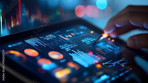Advanced Business Analytics and Data Visualization Displayed on Digital Tablet for Informed Strategic Planning and Effective Decision Making in the Corporate Workplace