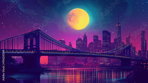 Pop art concept bridge and full moon in the city. Animated cartoon scene background.