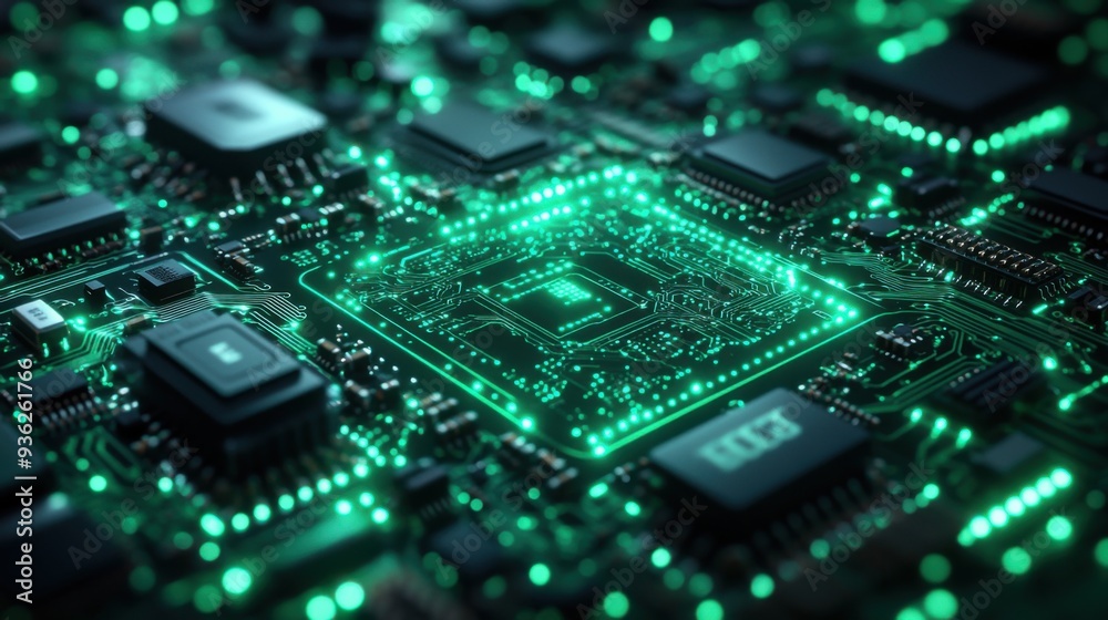 Close-up of illuminated microchip circuitry in a futuristic technology setting Close-up of illuminated microchip circuitry in a futuristic technology setting