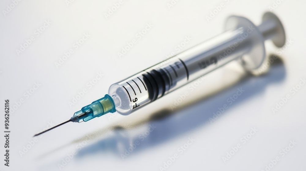 A syringe with a blue tip is sitting on a white surface A syringe with a blue tip is sitting on a white surface