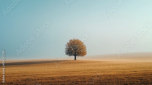 A lone tree stands tall in a field of golden grass with a misty background and a clear blue sky.