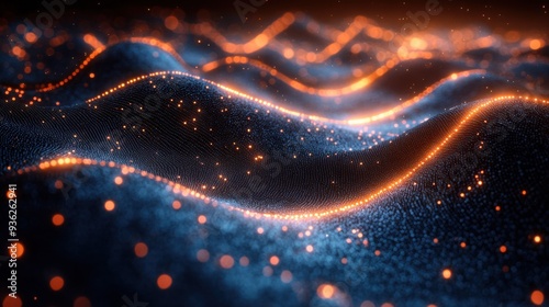 Abstract glowing digital wave pattern with orange and blue lights in a futuristic design.