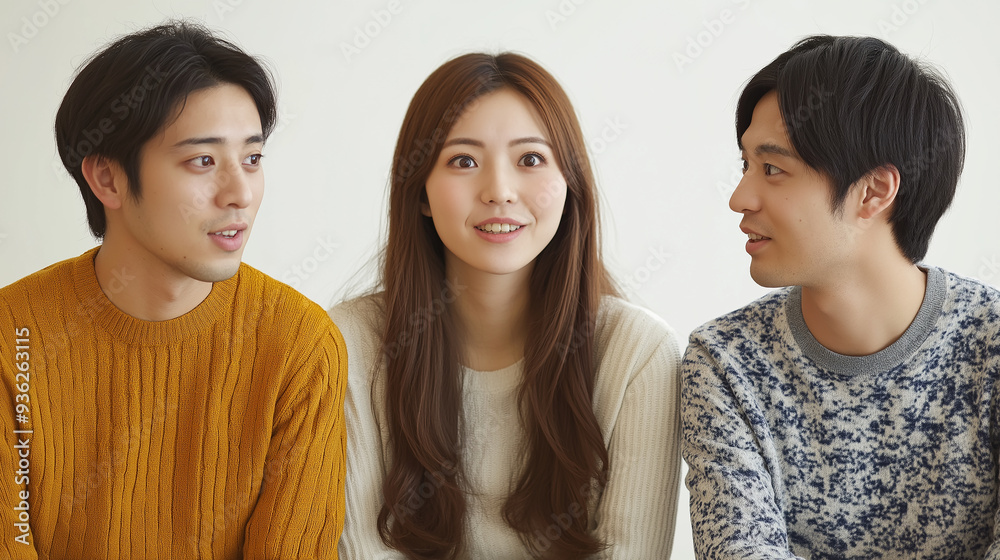 Three asian friends having a conversation and smiling Three asian friends having a conversation and smiling