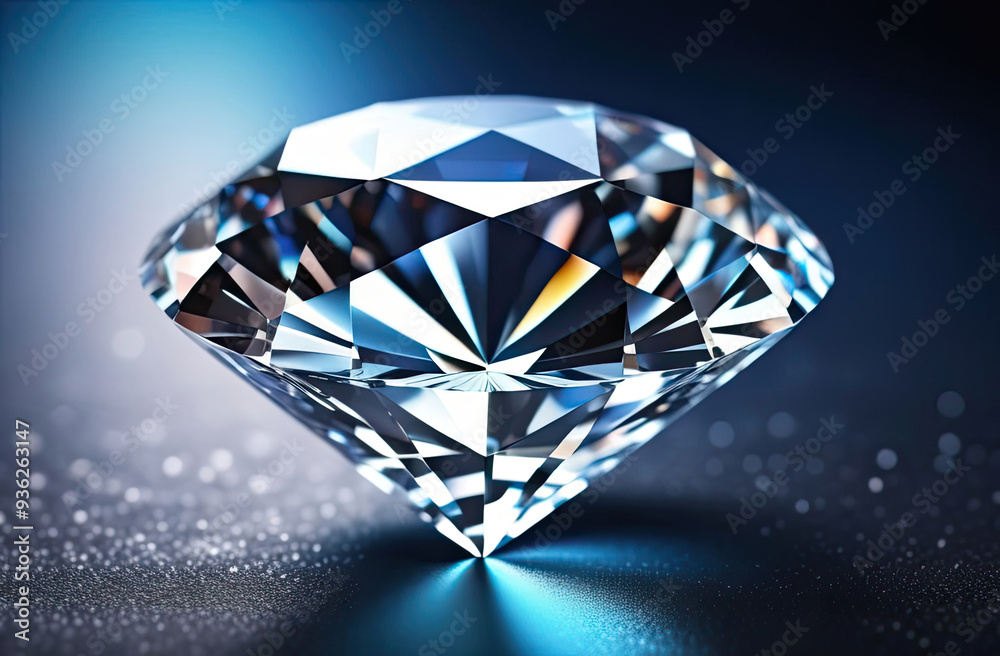 A large diamond with iridescent facets on a dark background, illuminated by a ray of light A large diamond with iridescent facets on a dark background, illuminated by a ray of light