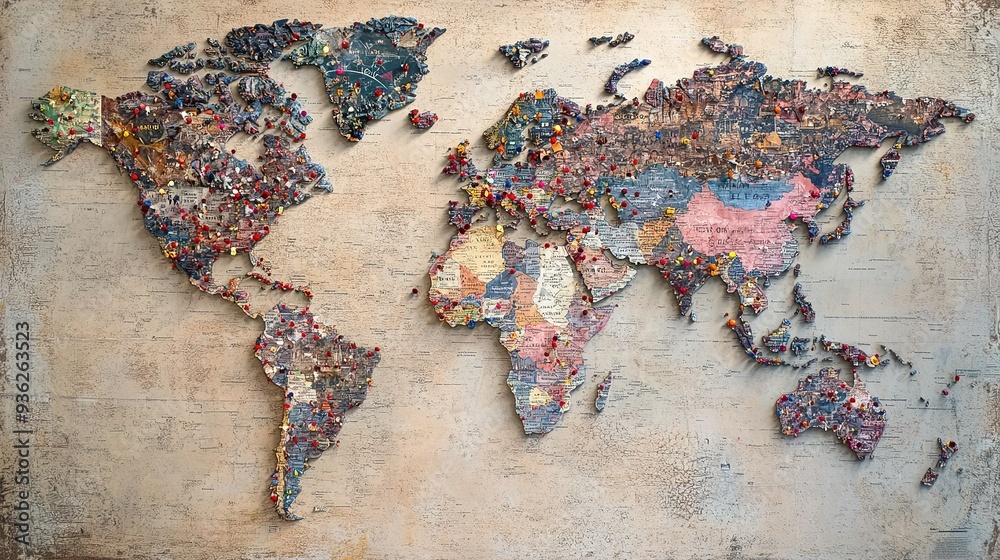 Detailed world map collage showcasing various countries with colorful