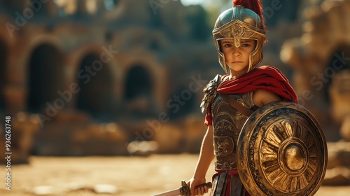 Boy dressed as a gladiator with a toy sword and shield, on a sandy arena background