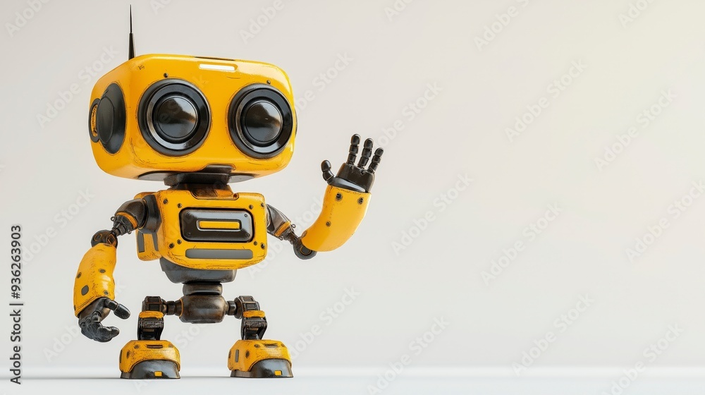A cute, yellow robot with large eyes waves hello against a white background.