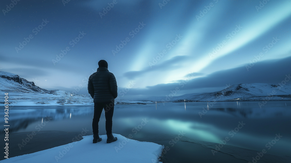 Photographer standing on a frozen lake admiring the aurora borealis in iceland Photographer standing on a frozen lake admiring the aurora borealis in iceland