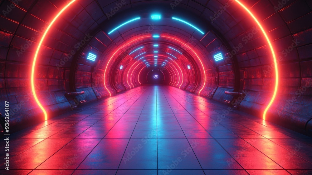 Futuristic neon tunnel with vibrant lights reflecting on tiled floor at night. Futuristic neon tunnel with vibrant lights reflecting on tiled floor at night.