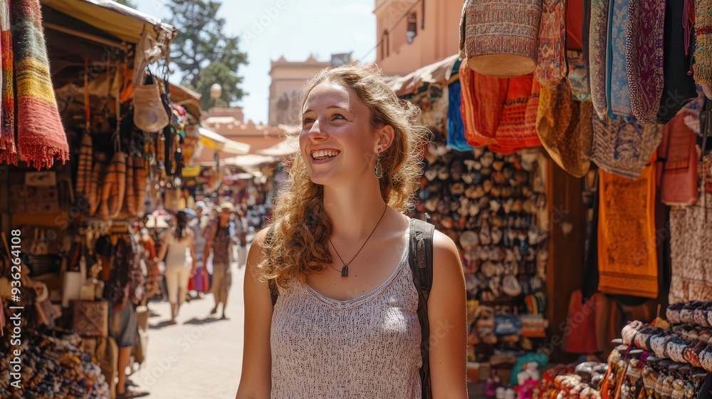Obraz premium A traveler explores colorful market stalls, smiling in the vibrant atmosphere filled with textiles and local crafts