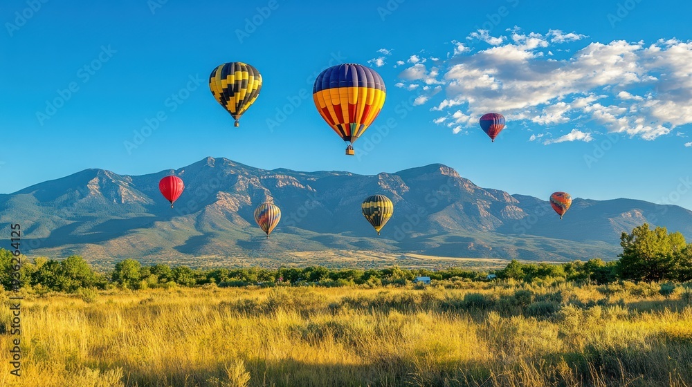 Fototapeta premium A group of hot air balloons are flying over a grassy field