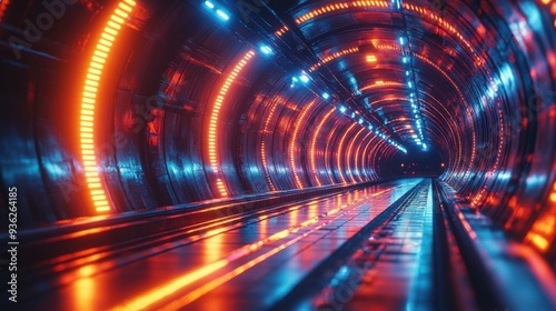 Futuristic neon-lit tunnel with vibrant colors and reflections, concept of modern technology