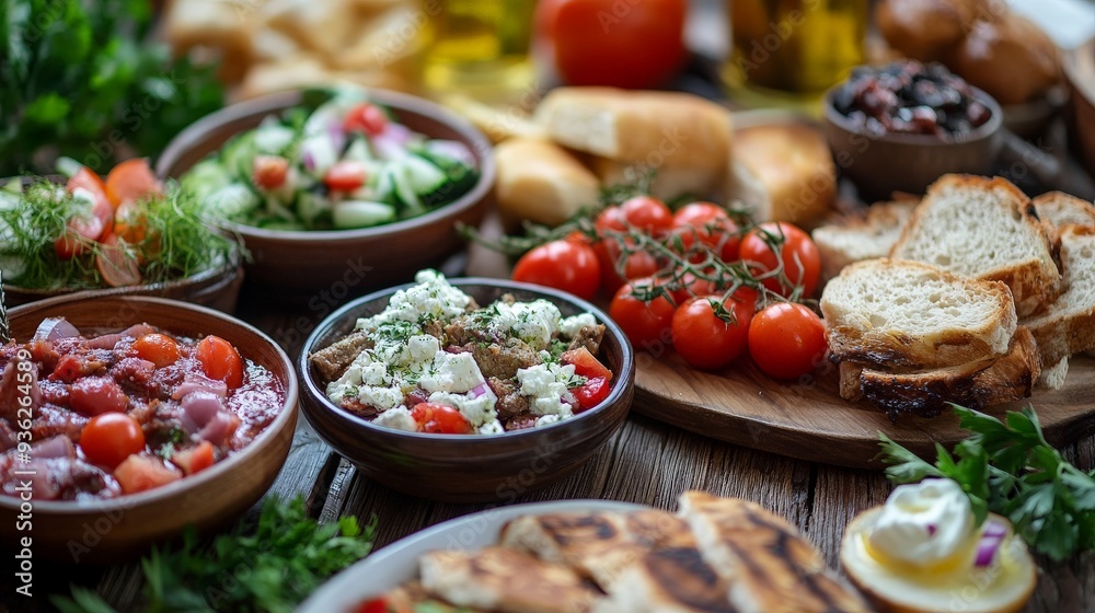 traditional Greek food, on a wooden table background traditional Greek food, on a wooden table background