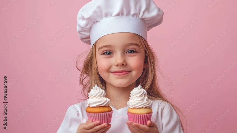 Little girl in professional chef outfit decorating cupcakes on pink backdrop Little girl in professional chef outfit decorating cupcakes on pink backdrop