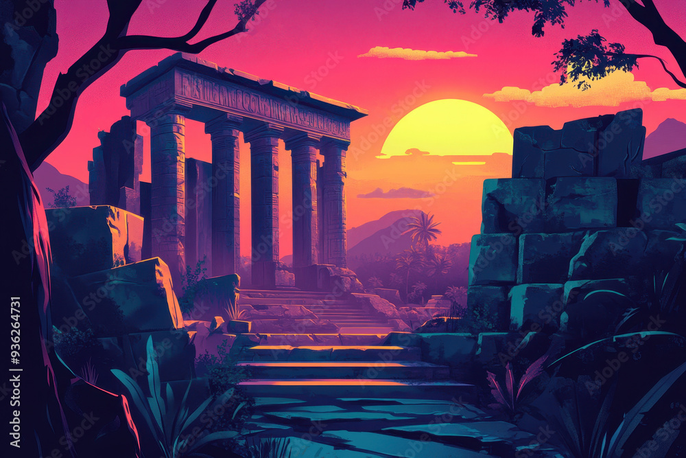 Fototapeta premium Ancient Ruins at Sunset with Bats Flying Overhead