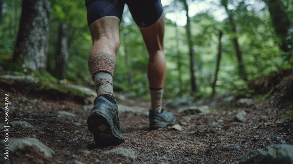 A young boy is running through a forest with his feet in the dirt A young boy is running through a forest with his feet in the dirt