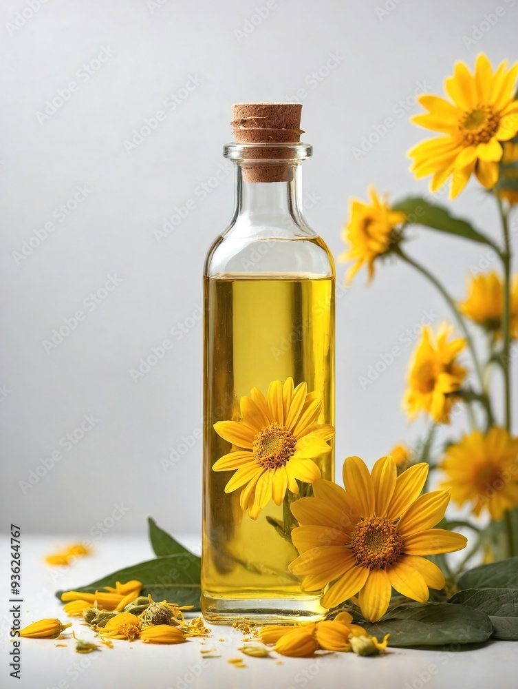 A clear glass bottle of golden-yellow arnica oil stands upright on a plain white background, surrounded by fresh arnica flowers A clear glass bottle of golden-yellow arnica oil stands upright on a plain white background, surrounded by fresh arnica flowers