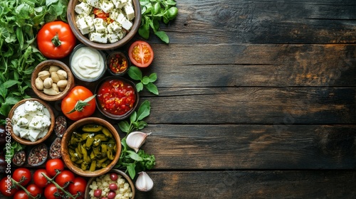 traditional Greek food, on a wooden table background