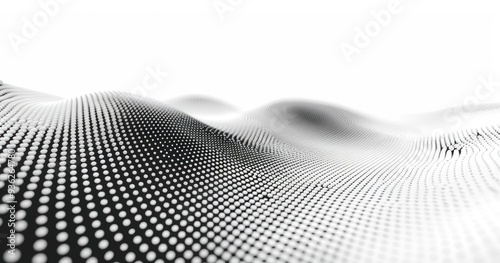 A monochromatic abstract representation of rolling waves created from a pattern of dots, evoking depth and movement.