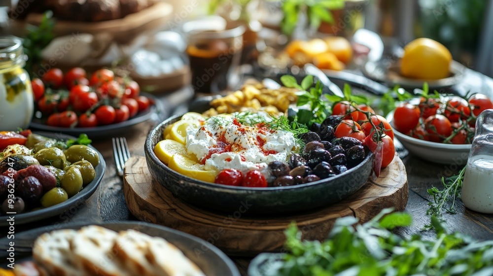traditional Greek food, on a wooden table background traditional Greek food, on a wooden table background