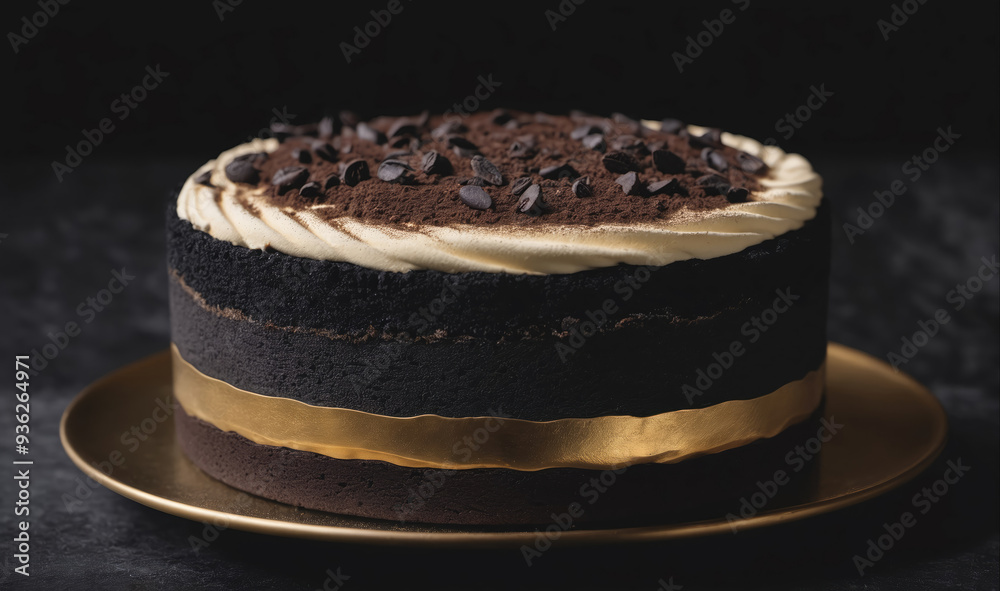A chocolate cake with a gold ribbon sits on a gold plate A chocolate cake with a gold ribbon sits on a gold plate
