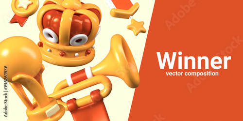 Concept of winner. Vector holiday layout in 3D cartoon style